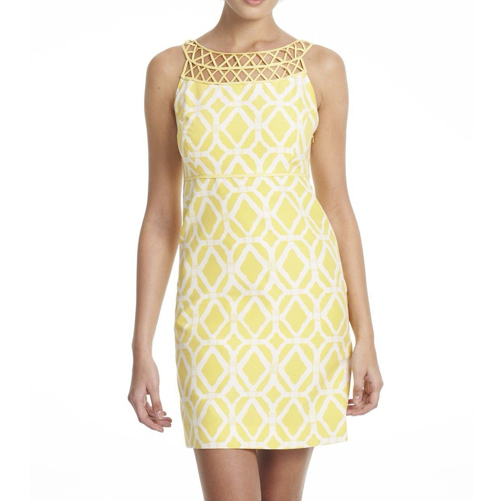Lilly Pulitzer Jacqueline Yellow /White Shift‎ Silk Blend Geometric Dress Size 8